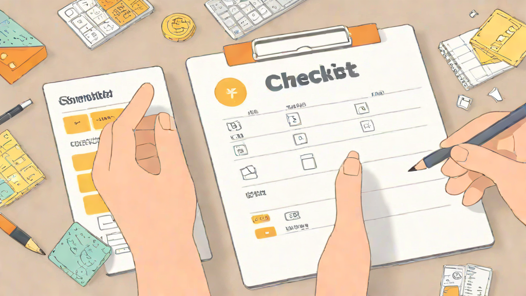 기관·비용·혜택·일정 아이콘과 함께 체크리스트에 항목을 표시하는 모습을 담은 신청 전 점검 일러스트